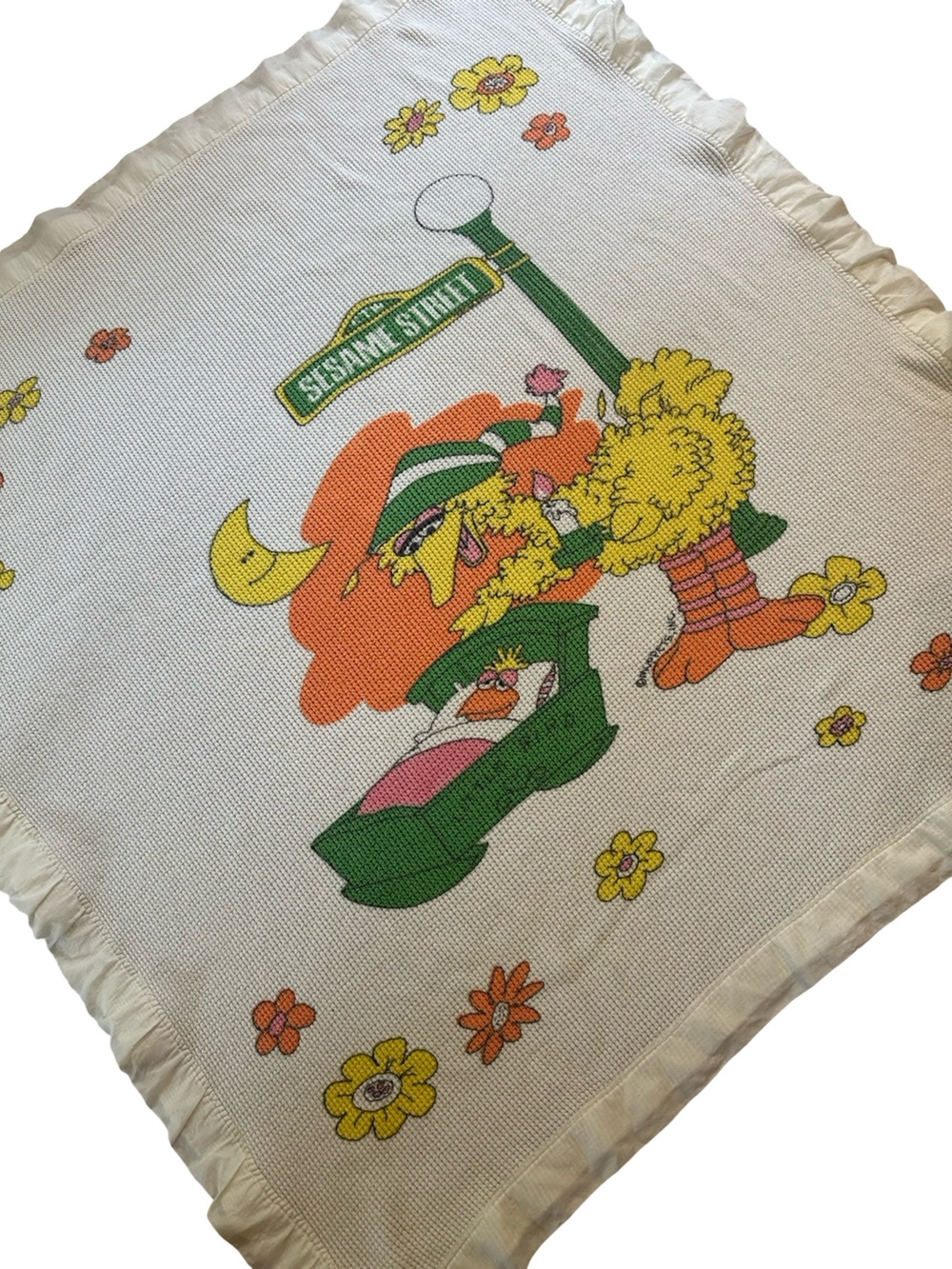 Vintage Sesame Street Big Bird Baby Blanket Waffle Weave w/ Satin Nylon Binding